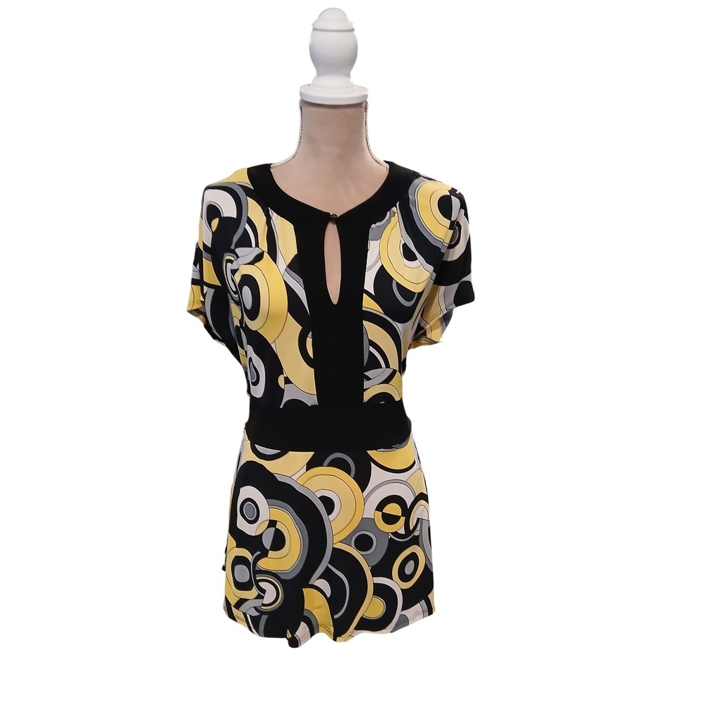 Perceptions Womens Size 14 Yellow Black Geometric Keyhole Blouse Top Stretch Tie